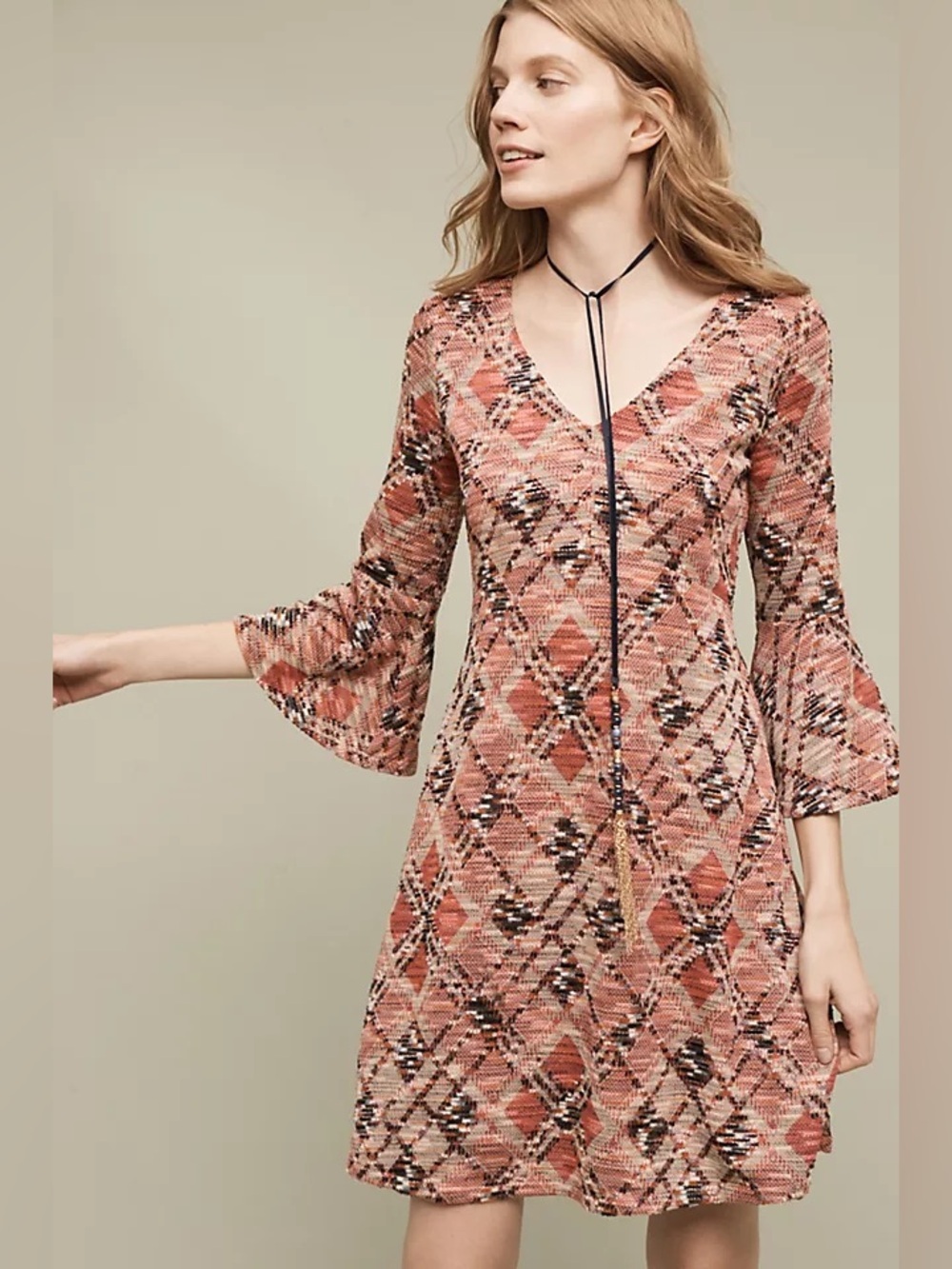 Anthropologie Maeve | Coral Multi-Print V-Neck Bell-Sleeve Lined Sweater Dress
